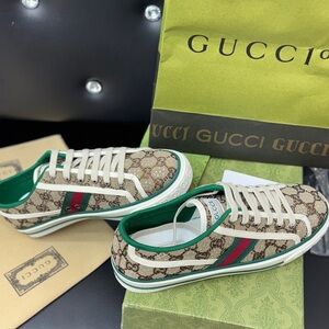 Gucci Beige and Green Patterned Sneakers